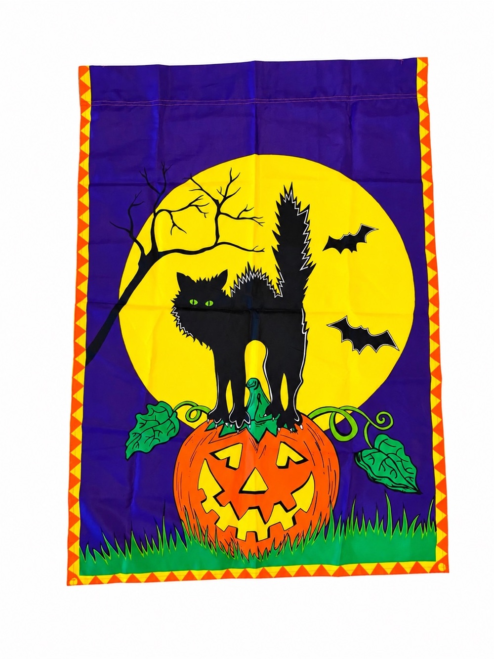 NWOT Large Halloween House Flag Black Cat, Pumpkin, Full Moon w Bats